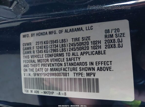 5FNYF5H29MB007881 2021 HONDA PILOT Black Շարժիչի բաժամունքի տեսք