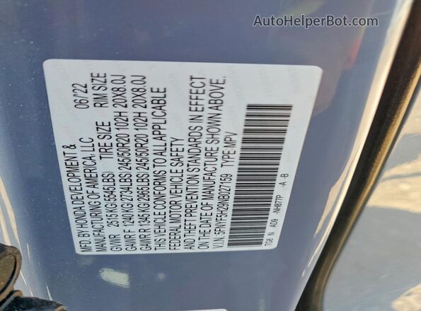 5FNYF5H29NB027159 2022 HONDA PILOT Gray Вид наклейки з VIN-кодом