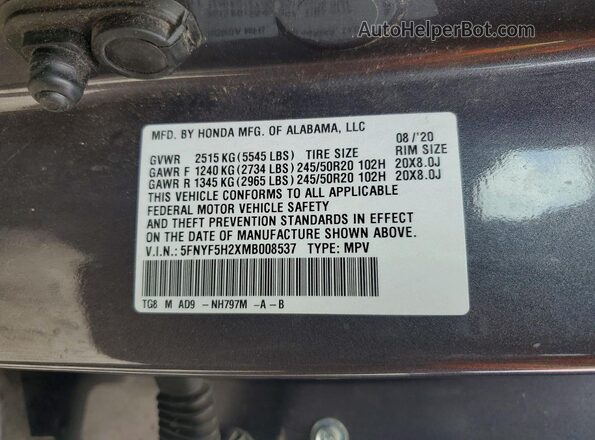 5FNYF5H2XMB008537 2021 HONDA PILOT Gray Widok naklejki z numerem VIN