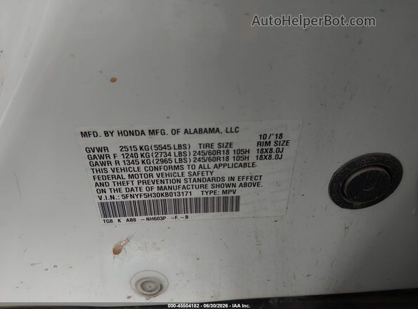 5FNYF5H30KB013171 2019 HONDA PILOT White ძრავის განყოფილების ხედი