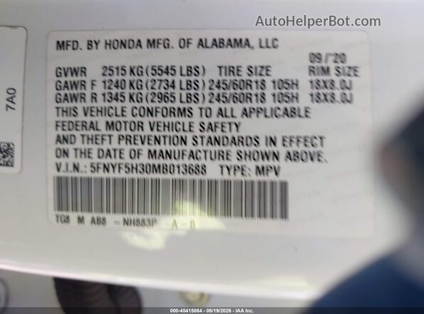 5FNYF5H30MB013688 2021 HONDA PILOT White Вид підкапотного простору