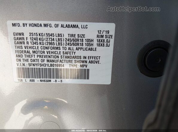 5FNYF5H31LB016954 2020 HONDA PILOT Серебряный Вид подкапотного пространства