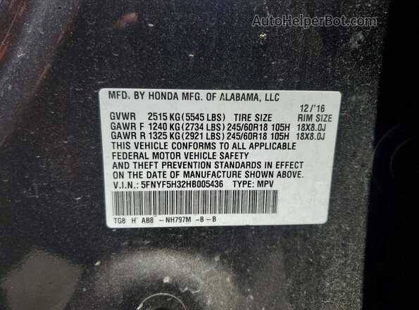 5FNYF5H32HB005436 2017 HONDA PILOT Gray VIN sticker view