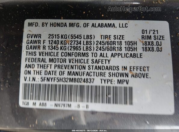 5FNYF5H32MB024837 2021 HONDA PILOT Gray Widok komory silnika