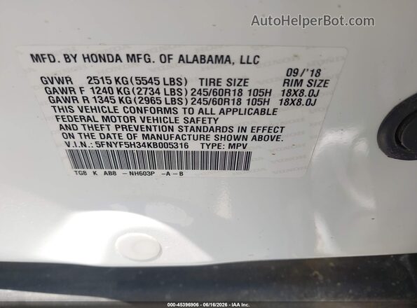 5FNYF5H34KB005316 2019 HONDA PILOT White Вид підкапотного простору