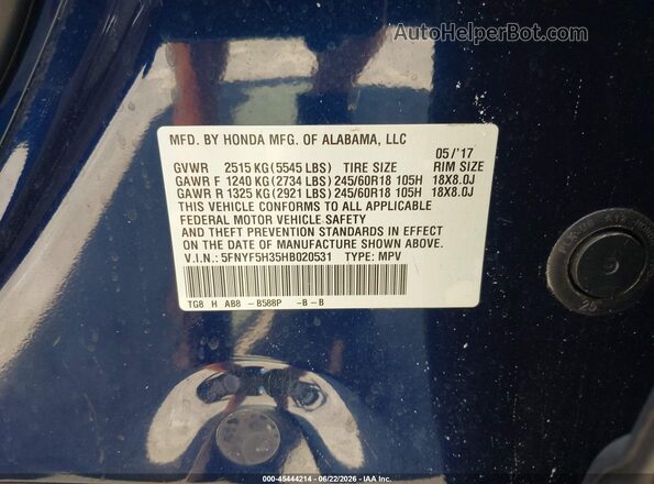5FNYF5H35HB020531 2017 HONDA PILOT Navy Շարժիչի բաժամունքի տեսք