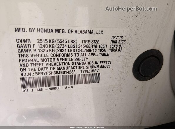 5FNYF5H35JB014282 2018 HONDA PILOT White Вид підкапотного простору