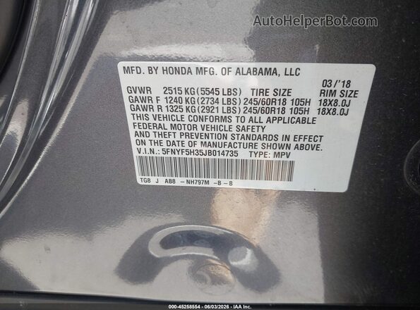 5FNYF5H35JB014735 2018 HONDA PILOT Gray 