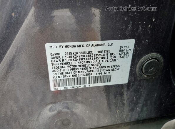 5FNYF5H36JB033598 2018 HONDA PILOT Gray 360 interior view