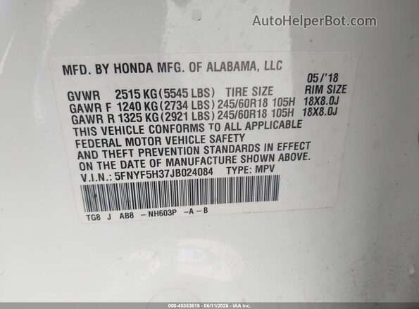 5FNYF5H37JB024084 2018 HONDA PILOT White Widok komory silnika