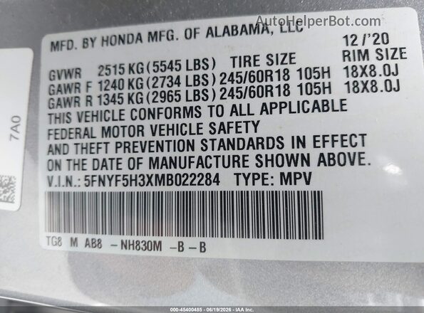 5FNYF5H3XMB022284 2021 HONDA PILOT Silver ძრავის განყოფილების ხედი