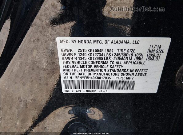 5FNYF5H40KB017035 2019 HONDA PILOT Black 