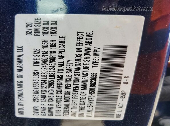 5FNYF5H50LB023055 2020 HONDA PILOT Blue Widok naklejki z numerem VIN