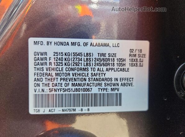 5FNYF5H51JB010067 2018 HONDA PILOT Gray VIN sticker view