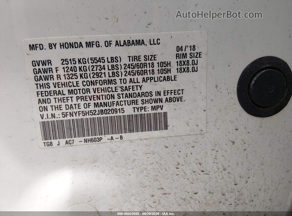 5FNYF5H52JB020915 2018 HONDA PILOT Белый Вид подкапотного пространства
