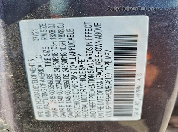 5FNYF5H52MB046130 2021 HONDA PILOT Gray Vista del compartimento del motor