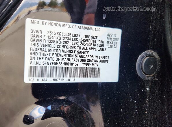 5FNYF5H53HB010159 2017 HONDA PILOT Black 