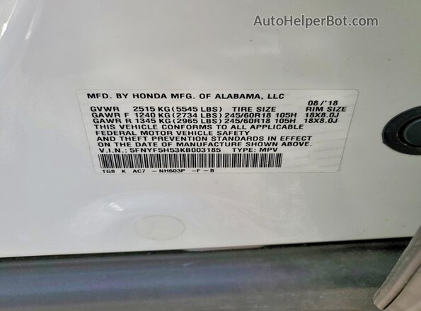5FNYF5H53KB003185 2019 HONDA PILOT White 