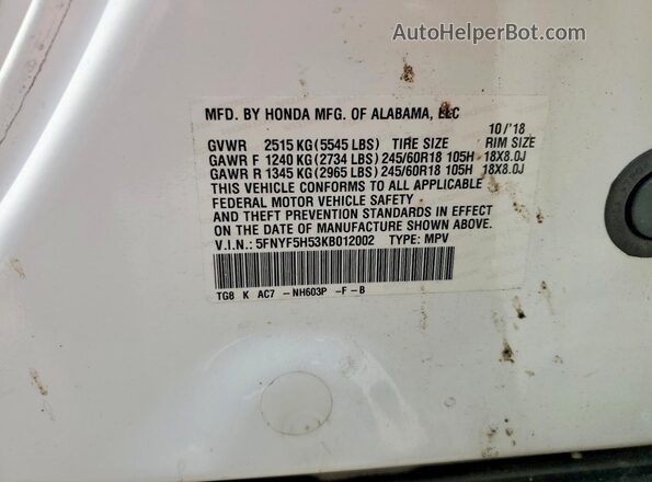 5FNYF5H53KB012002 2019 HONDA PILOT White 360 interior view