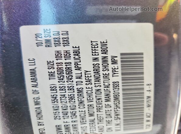 5FNYF5H53MB013928 2021 HONDA PILOT Gray Vista del compartimento del motor