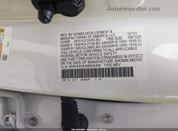5FNYF5H53NB005409 2022 HONDA PILOT White Widok komory silnika