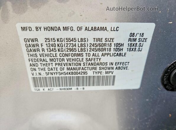 5FNYF5H54KB004295 2019 HONDA PILOT Silver 