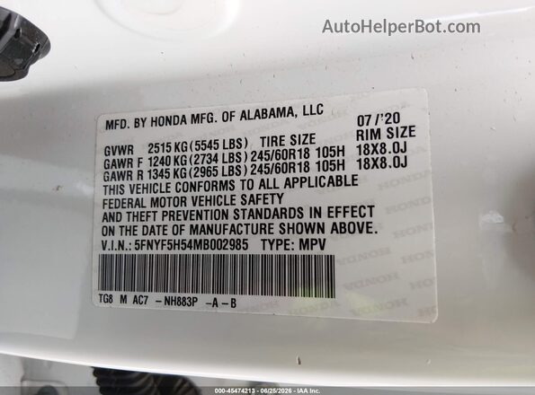 5FNYF5H54MB002985 2021 HONDA PILOT White Vista del compartimento del motor