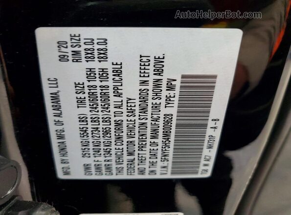 5FNYF5H54MB009628 2021 HONDA PILOT Black Вид наклейки з VIN-кодом