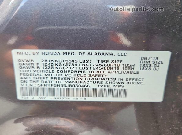 5FNYF5H55JB030466 2018 HONDA PILOT Gray Widok naklejki z numerem VIN