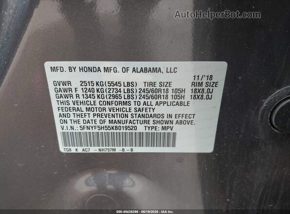 5FNYF5H55KB019520 2019 HONDA PILOT Серый Вид подкапотного пространства