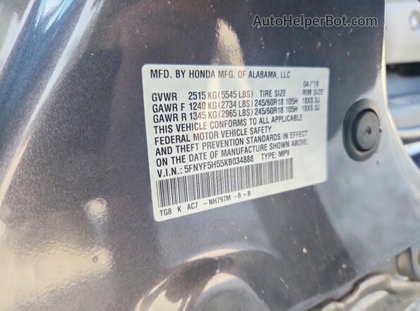 5FNYF5H55KB034888 2019 HONDA PILOT Gray Vista interior de 360 grados