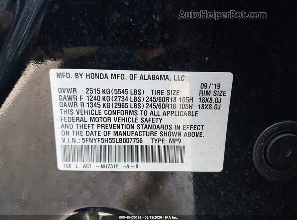 5FNYF5H55LB007756 2020 HONDA PILOT Black Շարժիչի բաժամունքի տեսք