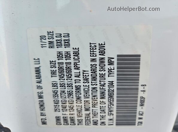 5FNYF5H55MB021044 2021 HONDA PILOT White Widok naklejki z numerem VIN