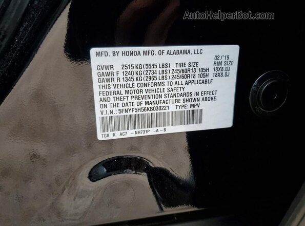 5FNYF5H56KB030221 2019 HONDA PILOT Black VIN sticker view