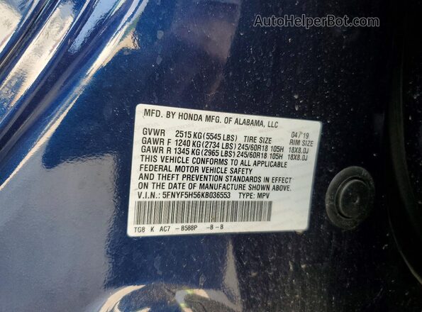 5FNYF5H56KB036553 2019 HONDA PILOT Blue Vista del compartimento del motor