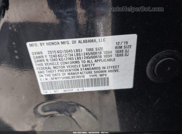5FNYF5H56LB018510 2020 HONDA PILOT Black Engine compartment view