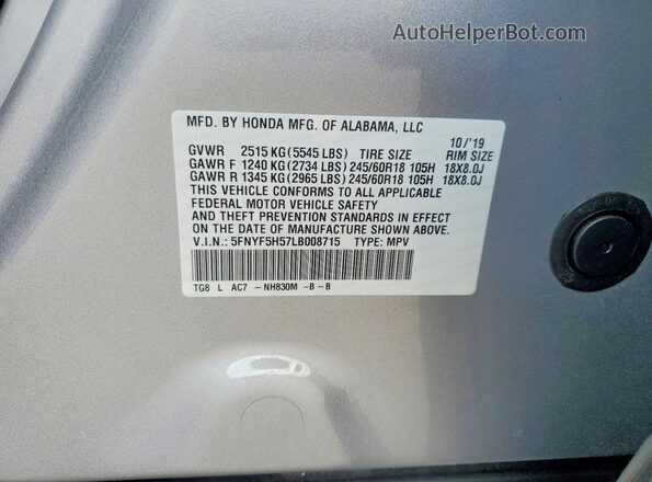 5FNYF5H57LB008715 2020 HONDA PILOT Silver VIN sticker view