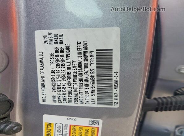 5FNYF5H57MB011227 2021 HONDA PILOT Silver VIN sticker view
