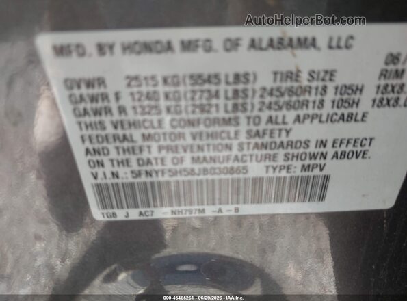 5FNYF5H58JB030865 2018 HONDA PILOT Серый Вид подкапотного пространства