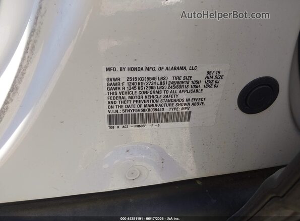 5FNYF5H58KB039440 2019 HONDA PILOT White Widok komory silnika