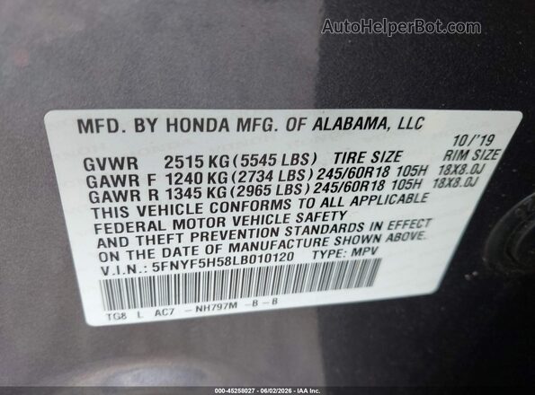 5FNYF5H58LB010120 2020 HONDA PILOT Black Engine compartment view