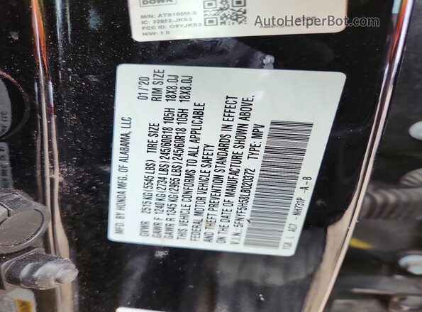 5FNYF5H58LB020372 2020 HONDA PILOT Black Vista del compartimento del motor