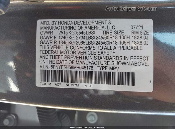 5FNYF5H58MB046178 2021 HONDA PILOT Gray Widok komory silnika