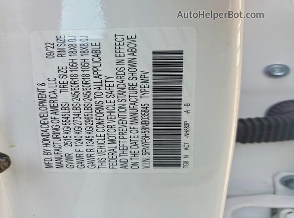 5FNYF5H58NB035845 2022 HONDA PILOT White Vista del compartimento del motor