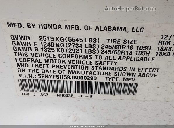 5FNYF5H59JB000290 2018 HONDA PILOT Белый Вид подкапотного пространства