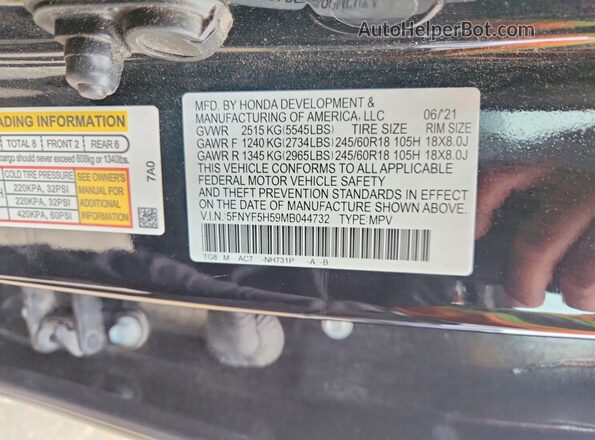 5FNYF5H59MB044732 2021 HONDA PILOT Black VIN կոդի պիտակի տեսք