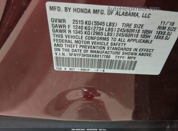 5FNYF5H5XKB017780 2019 HONDA PILOT Красный Вид подкапотного пространства