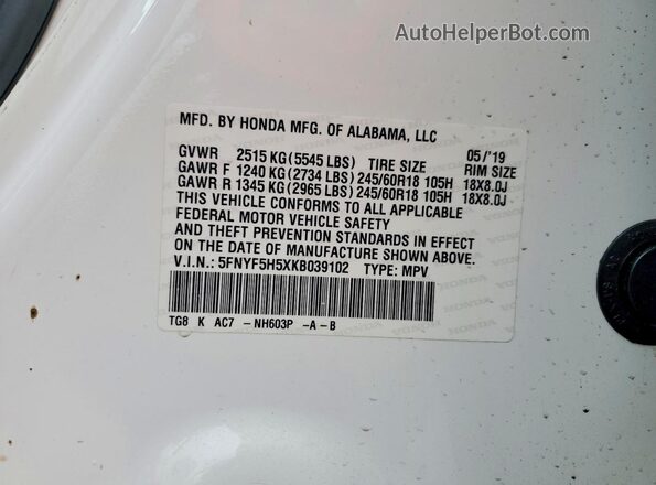 5FNYF5H5XKB039102 2019 HONDA PILOT White Вид підкапотного простору