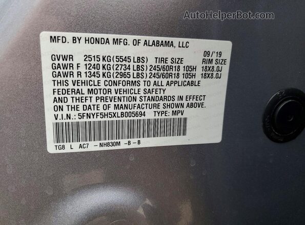 5FNYF5H5XLB005694 2020 HONDA PILOT Silver 