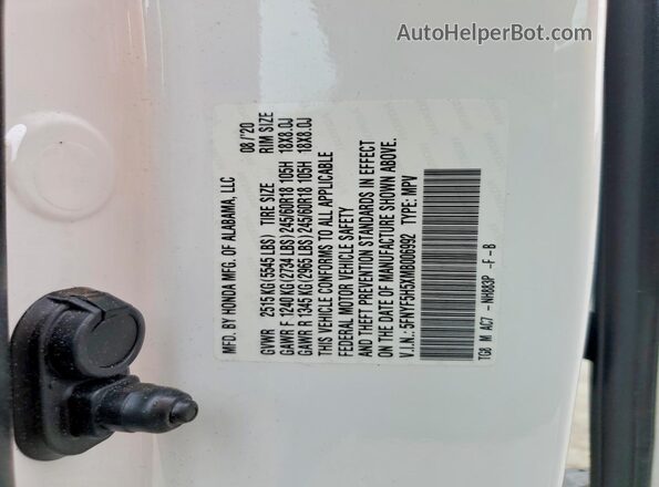 5FNYF5H5XMB006992 2021 HONDA PILOT White Widok naklejki z numerem VIN